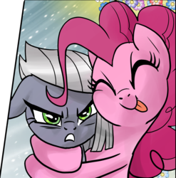 Size: 1329x1343 | Tagged: safe, artist:pencils, limestone pie, pinkie pie, earth pony, pony, g4, angry, annoyed, cute, female, hug, mare, tongue out