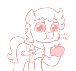 Size: 640x600 | Tagged: safe, artist:ficficponyfic, oc, oc only, oc:ruby rouge, colt quest, apple, chewing, child, clothes, eating, female, filly, food, knife, monochrome, rags, reverse trap, solo, story included, tomboy, young