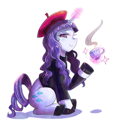 Size: 600x645 | Tagged: safe, artist:tzc, rarity, pony, unicorn, g4, beatnik, beatnik rarity, clothes, cup, female, food, hat, long tail, looking at you, magic, simple background, solo, steam, tea, white background
