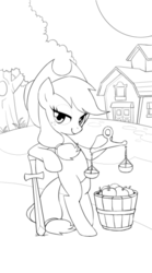 Size: 350x630 | Tagged: safe, artist:bartolomeus_, applejack, g4, apple, black and white, female, food, grayscale, justice, justitia, lady justice (goddess), lineart, monochrome, scales, scales of justice, solo, sword, tarot card, weapon, wip