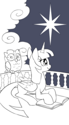 Size: 350x630 | Tagged: safe, artist:bartolomeus_, owlowiscious, twilight sparkle, alicorn, bird, owl, pony, g4, book, duo, duo male and female, female, lineart, male, mare, monochrome, partial color, tarot card, the star, twilight sparkle (alicorn), wip