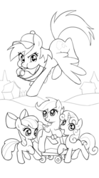 Size: 350x630 | Tagged: safe, artist:bartolomeus_, apple bloom, rainbow dash, scootaloo, sweetie belle, g4, black and white, blowing, cutie mark crusaders, flying, grayscale, hat, judgement, lineart, monochrome, puffy cheeks, referee, tarot card, whistle, whistle necklace, wip