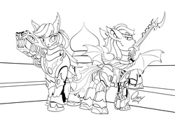 Size: 1000x721 | Tagged: safe, artist:omny87, oc, oc only, bat pony, cyborg, pony, fanfic:iron hearts, armor, augmented, chaos, commission, monochrome, raised hoof, warhammer (game), warhammer 40k, weapon
