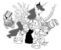 Size: 1000x812 | Tagged: safe, artist:omny87, princess luna, alicorn, pony, fanfic:iron hearts, g4, black and white, chaos space marine, commission, ethereal mane, female, grayscale, iron warriors, magic, mare, monochrome, power armor, power fist, powered exoskeleton, signature, simple background, solo, starry mane, telekinesis, warhammer (game), warhammer 40k, weapon, white background