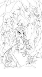 Size: 500x900 | Tagged: safe, artist:bartolomeus_, queen chrysalis, changeling, changeling queen, nymph, g4, black and white, crown, cuteling, female, grayscale, jewelry, lineart, looking at you, monochrome, regalia, wip