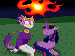 Size: 2000x1500 | Tagged: safe, artist:kaywhitt, artist:megaartist923, twilight sparkle, alicorn, pony, g4, blaze the cat, crossover, female, fire, mare, night, sonic the hedgehog (series), twilight sparkle (alicorn)