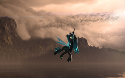 Size: 3840x2400 | Tagged: safe, artist:saxm13, queen chrysalis, changeling, changeling queen, g4, 3d, changeling swarm, female, flying, gmod, high res, solo focus, swarm, water