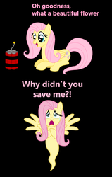 Size: 1416x2232 | Tagged: safe, artist:vincentthecrow, fluttershy, ghost, ghost pony, pony, g4, 2 panel comic, abuse, background pony strikes again, bad end, comic, crying, death, dynamite, explosives, flutterbuse, flutterghost, op is a duck, op is fluttershy, painfully innocent fluttershy, reality ensues, this ended in death, tnt, too dumb to live