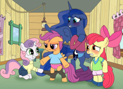 Size: 4033x2915 | Tagged: safe, artist:elephanteddie, apple bloom, princess luna, scootaloo, sweetie belle, g4, assisted exposure, bipedal, bloomers, blue underwear, blushing, clothes, clubhouse, crusaders clubhouse, cutie mark crusaders, embarrassed, embarrassed underwear exposure, female, heart, heart print underwear, panties, pants, pantsing, pink underwear, polka dot underwear, skirt, starry underwear, thong, underwear, undressing, white underwear