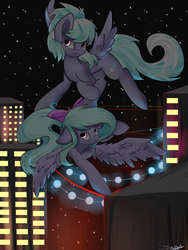 Size: 3000x4000 | Tagged: safe, artist:the---sound, cloudchaser, flitter, pegasus, pony, g4, bow, city, duo, duo female, eyebrows, eyebrows visible through hair, female, floppy ears, flying, full body, hair bow, looking up, mare, night, spread wings, stars, wings