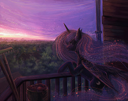 Size: 1895x1501 | Tagged: safe, artist:fly-gray, princess luna, g4, balcony, bipedal leaning, female, fence, forest, solo, twilight (astronomy), village