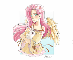 Size: 1024x849 | Tagged: safe, artist:viviennecorner, fluttershy, human, rabbit, g4, clothes, dress, female, flower, flower in hair, holding, humanized, looking at you, necklace, pendant, solo, spread wings, winged humanization