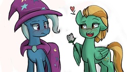 Size: 640x360 | Tagged: safe, artist:^:3, lightning dust, trixie, pegasus, pony, unicorn, g4, agnieszka fajlhauer, blushing, cloak, clothes, female, flower, hat, heart, lesbian, mare, open mouth, polish, raised eyebrow, rose, shipping, simple background, smiling, trixiedust, voice actor joke, white background