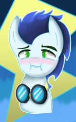 Size: 967x1553 | Tagged: safe, artist:sapphireartemis, soarin', pony, g4, blushing, goggles, male, solo