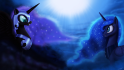 Size: 2842x1598 | Tagged: dead source, safe, artist:jeki, nightmare moon, princess luna, alicorn, pony, g4, duality, duo, face to face, fangs, smiling