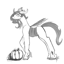 Size: 1280x1280 | Tagged: safe, artist:negativefade, oc, oc only, oc:holometa, changeling, food, grayscale, monochrome, parent:queen chrysalis, pumpkin, solo