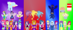 Size: 1380x578 | Tagged: safe, artist:projectangel101, adagio dazzle, applejack, aria blaze, blueberry pie, derpy hooves, dj pon-3, fluttershy, fuchsia blush, lavender lace, pinkie pie, rainbow dash, rarity, raspberry fluff, sonata dusk, sunset shimmer, trixie, twilight sparkle, vinyl scratch, equestria girls, g4, my little pony equestria girls: rainbow rocks, 1000 hours in ms paint, battle of the bands, female, ms paint, ponied up, the dazzlings, the muffins, the rainbooms, trixie and the illusions