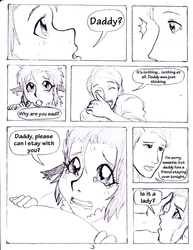 Size: 773x1000 | Tagged: safe, artist:dj-black-n-white, oc, oc only, oc:anon, oc:yuzu, bat pony, satyr, bed, begging, comic, crying, father and daughter, monochrome