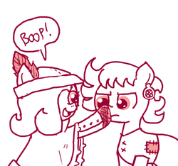 Size: 640x600 | Tagged: safe, artist:ficficponyfic, oc, oc only, oc:emerald jewel, oc:ruby rouge, colt quest, boop, child, clothes, colt, cute, earring, female, femboy, filly, flirting, foal, happy, hat, irritated, male, piercing, rags, reverse trap, story included, tomboy, trap