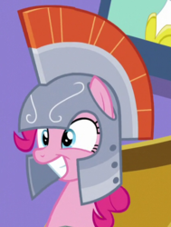 Size: 432x570 | Tagged: safe, screencap, pinkie pie, earth pony, pony, g4, the one where pinkie pie knows, armor, cropped, female, helmet, mare, solo