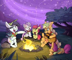 Size: 1291x1080 | Tagged: safe, artist:ponygoggles, apple bloom, applejack, coloratura, scootaloo, sweetie belle, earth pony, pegasus, pony, unicorn, g4, campfire, camping, cap, cutie mark, cutie mark crusaders, eyes closed, female, filly, guitar, hat, lip bite, mare, musical instrument, night, on side, rara, scout uniform, singing, stars, the cmc's cutie marks, tree