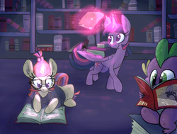 Size: 1175x887 | Tagged: safe, artist:ponygoggles, moondancer, spike, twilight sparkle, alicorn, dragon, pony, unicorn, g4, baby, baby dragon, book, bookhorse, bookshelf, clothes, comic book, cute, dancerbetes, female, glasses, glowing horn, horn, levitation, library, magic, male, mare, prone, reading, smiling, spikabetes, sweater, telekinesis, twiabetes, twilight sparkle (alicorn)