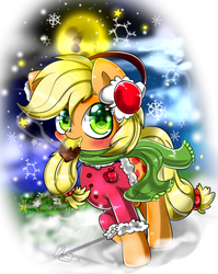 Size: 1324x1664 | Tagged: safe, artist:flappy27, applejack, g4, blushing, clothes, earmuffs, female, herbivore, scarf, snow, snowfall, solo, sweet potato, winter