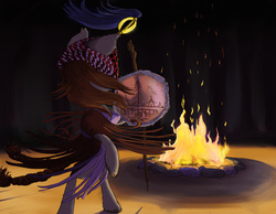 Size: 2700x2100 | Tagged: safe, artist:aaronmk, pony, bipedal, drums, fire, high res, musical instrument, night, shaman