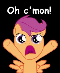 Size: 519x627 | Tagged: safe, scootaloo, g4, comic sans, image macro, meme, oh come on