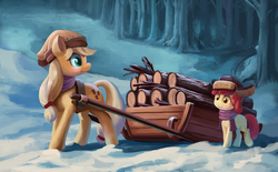 Size: 1200x742 | Tagged: dead source, safe, artist:maggwai, apple bloom, applejack, earth pony, pony, g4, clothes, duo, female, filly, forest, hat, logs, mare, scarf, sisters, sled, snow, ushanka, winter