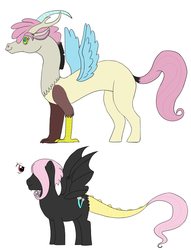 Size: 688x900 | Tagged: safe, artist:chikajin, oc, oc only, oc:bramble thorn, oc:pandemonium, hybrid, interspecies offspring, offspring, parent:discord, parent:fluttershy, parents:discoshy