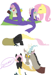 Size: 623x900 | Tagged: safe, artist:chikajin, discord, fluttershy, oc, oc:bramble thorn, oc:pandemonium, hybrid, g4, interspecies offspring, offscreen character, offspring, parent:discord, parent:fluttershy, parents:discoshy