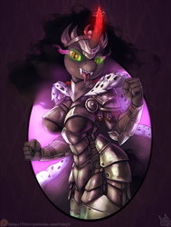 Size: 905x1200 | Tagged: safe, artist:atryl, king sombra, unicorn, anthro, g4, armor, breasts, busty queen umbra, female, looking at you, open mouth, piercing, queen umbra, rule 63, signature, solo, stupid sexy umbra, tongue out, tongue piercing