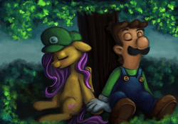 Size: 1000x700 | Tagged: safe, artist:genbulein, fluttershy, g4, crack shipping, crossover, crossover shipping, eyes closed, holding hands, luigi, luigishy, male, shipping, sitting, super mario bros., tree, under the tree