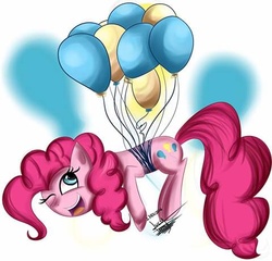 Size: 480x460 | Tagged: safe, artist:scarlett-letter, pinkie pie, g4, balloon, female, happy, open mouth, smiling, solo, then watch her balloons lift her up to the sky, wink