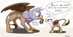 Size: 1200x614 | Tagged: safe, artist:php187, gilda, rainbow dash, griffon, g4, carnivore, chickub, dialogue, eaten alive, father, female, filly rainbow dash, food chain, gilda's father, griffons doing griffon things, male, mythologically accurate, predator, prey, preydash, speech bubble, tail sticking out, throat bulge, vore, younger