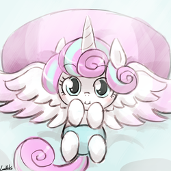 Size: 750x750 | Tagged: safe, artist:lumineko, princess flurry heart, alicorn, pony, g4, :i, baby, baby pony, bed, cute, diaper, female, filly, flurrybetes, foal, looking at you, lumineko is trying to murder us, offspring, on back, pillow, smiling, solo, spread wings, that was fast