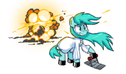 Size: 1280x759 | Tagged: safe, artist:signal15, oc, oc only, clothes, explosion, lab coat, lever, solo