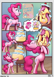 Size: 1093x1541 | Tagged: safe, artist:cheerios, fluttershy, pinkie pie, earth pony, pegasus, pony, series:caked-in, g4, accidental vore, balloonbutt, butt, cake, comic, female, fetish, flutterprey, food, gone horribly wrong, imminent vore, mare, open mouth, pinkie pred, plot, ponies in food, sleeping, stomach noise, tongue out, uh oh, unaware vore, underhoof, vore, wingless, x-ray