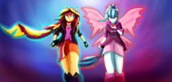 Size: 3200x1530 | Tagged: safe, artist:crunchtherobot, sonata dusk, sunset shimmer, equestria girls, g4, female, fin wings, lesbian, ponied up, ship:sunata, shipping