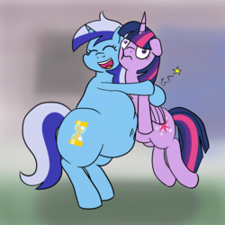 Size: 2400x2400 | Tagged: safe, artist:superninja, minuette, twilight sparkle, alicorn, pony, belly, belly button, eyes closed, fat, female, floppy ears, hug, mare, simple background, twilight sparkle (alicorn)