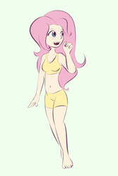 Size: 600x900 | Tagged: safe, artist:samofbob, fluttershy, human, g4, belly button, clothes, female, green background, humanized, looking away, midriff, shorts, simple background, solo, tank top