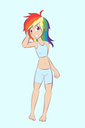 Size: 600x900 | Tagged: safe, artist:samofbob, rainbow dash, human, g4, armpits, belly button, blue background, clothes, female, humanized, looking at you, midriff, open mouth, shorts, simple background, smiling, solo, tank top