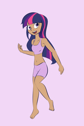 Size: 600x900 | Tagged: safe, artist:samofbob, twilight sparkle, human, g4, belly button, clothes, dark skin, female, humanized, looking at you, midriff, moderate dark skin, open mouth, pink background, shorts, simple background, smiling, solo, sports bra, tank top