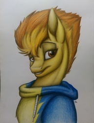 Size: 2400x3130 | Tagged: safe, artist:lupiarts, spitfire, g4, clothes, female, high res, hoodie, looking at you, solo, traditional art, wonderbolts