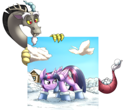 Size: 4248x3793 | Tagged: safe, artist:otakuap, discord, twilight sparkle, oc, oc:flurry, alicorn, pony, g4, boots, clothes, cloud, discord being discord, female, fourth wall, frown, glare, mare, scarf, smirk, snow, snowball, twilight sparkle (alicorn), twilight sparkle is not amused, unamused, winter