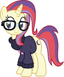 Size: 3331x3992 | Tagged: safe, artist:1992zepeda, moondancer, pony, unicorn, g4, alternate hairstyle, c:, clothes, cute, dancerbetes, female, glasses, high res, mane swap, mare, simple background, smiling, solo, sweater, transparent background, vector