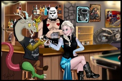 Size: 1024x678 | Tagged: safe, artist:aspirantedeartista, discord, anthro, g4, alcohol, bar, crossover, elsa, frozen, frozen (movie), jack daniels, motorhead, not salmon, one piece, pandaman, pasties, uncanny valley, wat, whiskey