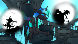 Size: 3000x1687 | Tagged: safe, artist:marsminer, oc, oc only, oc:kryostasis, changeling, blue changeling, despair, prince, throne