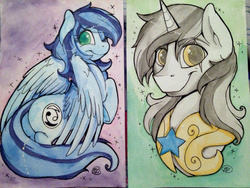 Size: 1280x960 | Tagged: safe, artist:meggchan, oc, oc only, oc:nightingale, oc:silver sickle, pegasus, pony, unicorn, armor, bust, butt, colored pupils, looking at you, plot, raised hoof, royal guard, scar, smiling, traditional art, underhoof, watercolor painting, wink